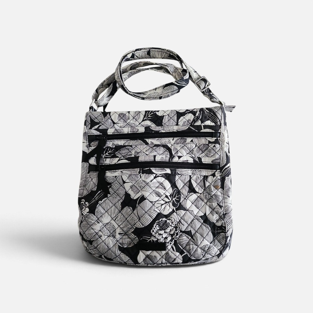 Vera Bradley Crossbody Bag Women Medium Black White Floral Quilted Travel Purse
